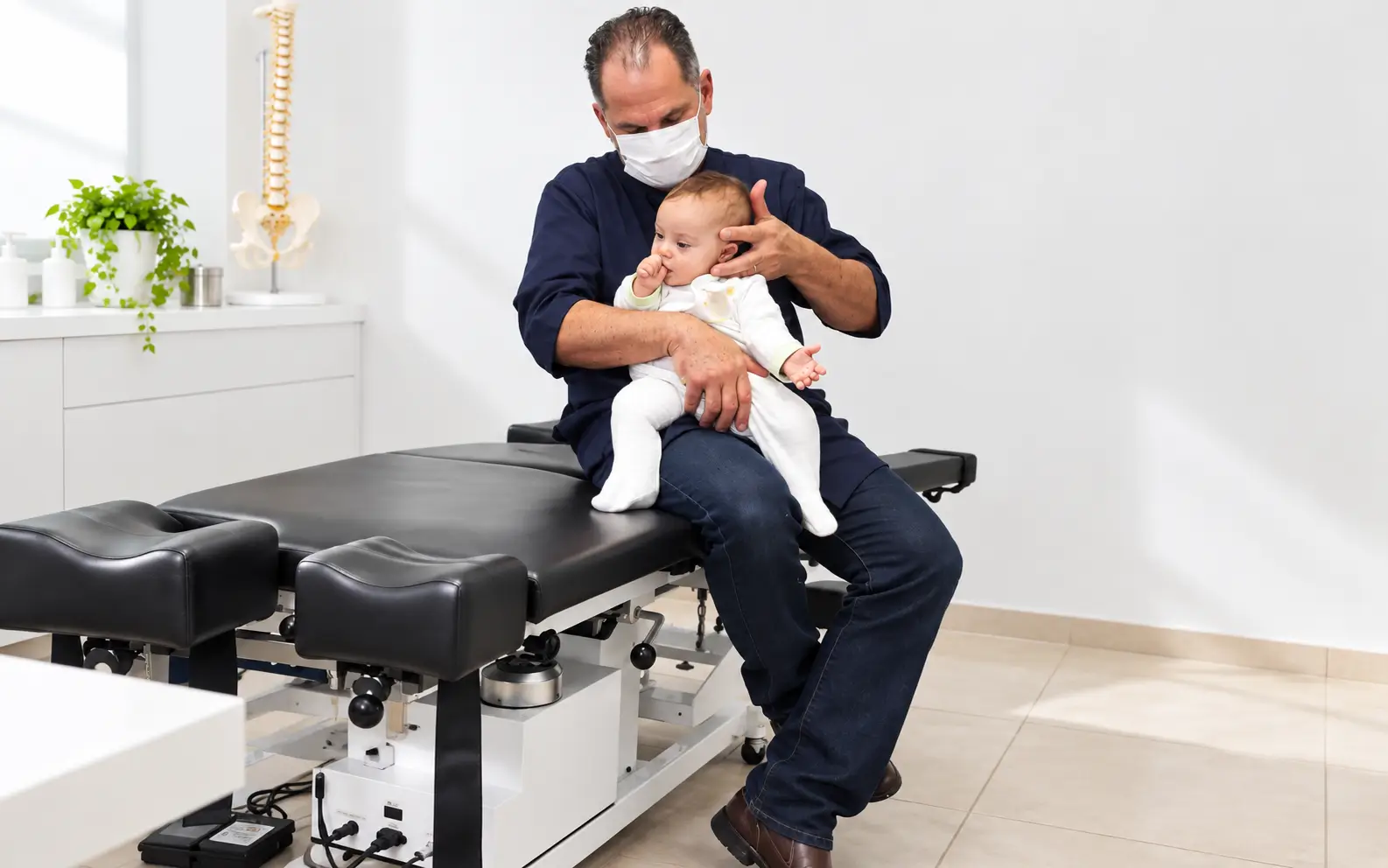 Osteopatia pediátrica aplicando técnica craniana suave em bebê em Jundiaí